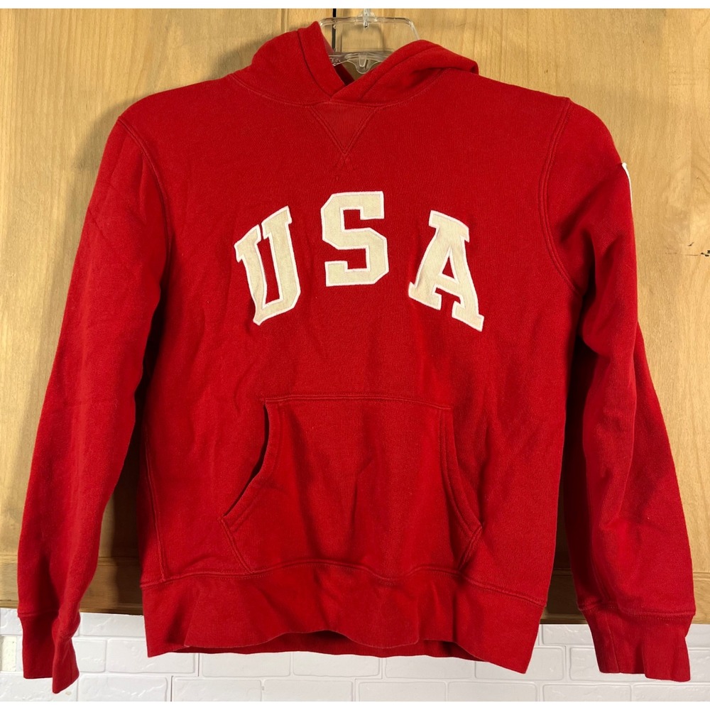 Polo Ralph Lauren Hoodie Kids L 14-16 Red USA Flag Patch Pullover Sweatshirt